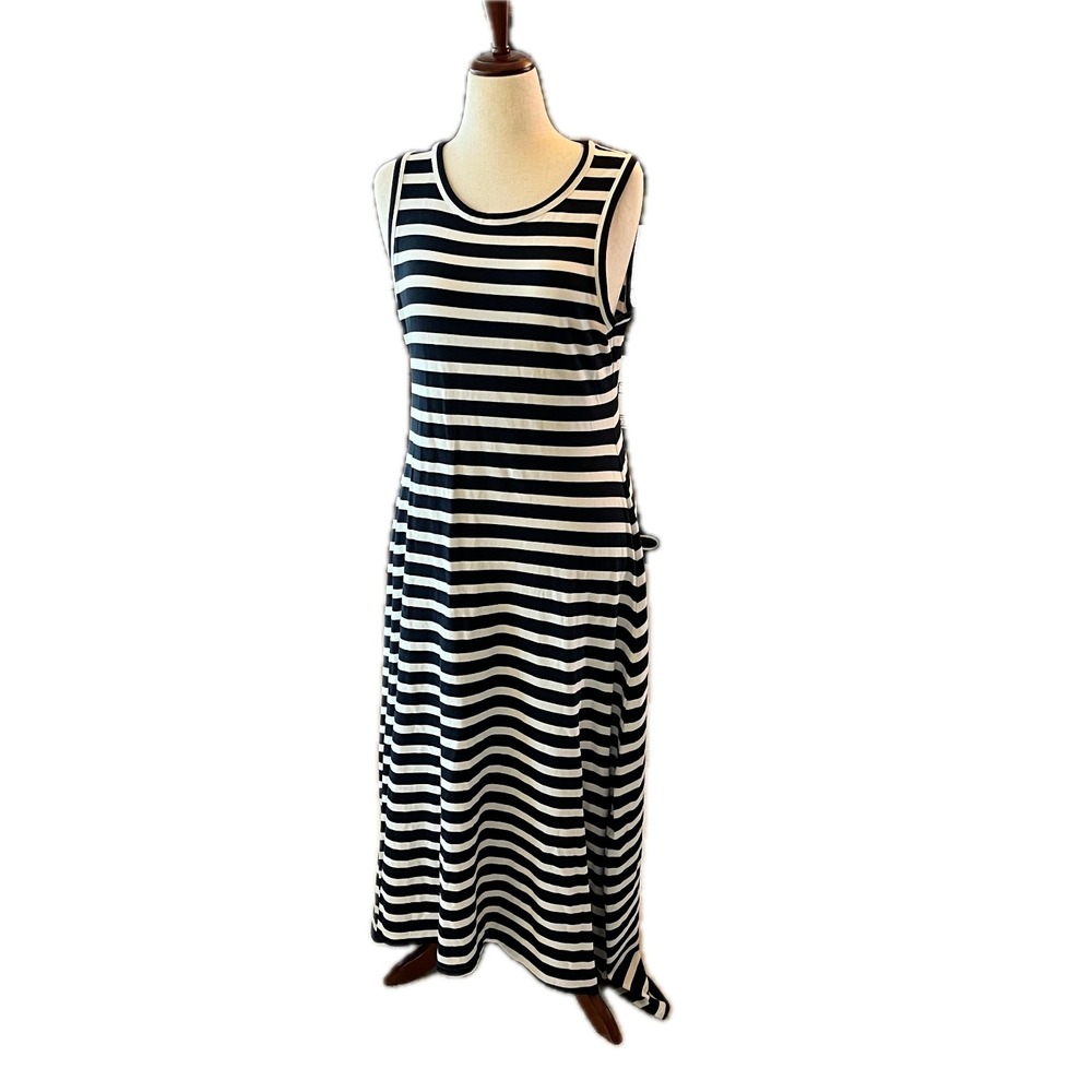 Gap Stripe Maxi Dress Sleeveless Cotton Knit High Low Slit Black White Medium